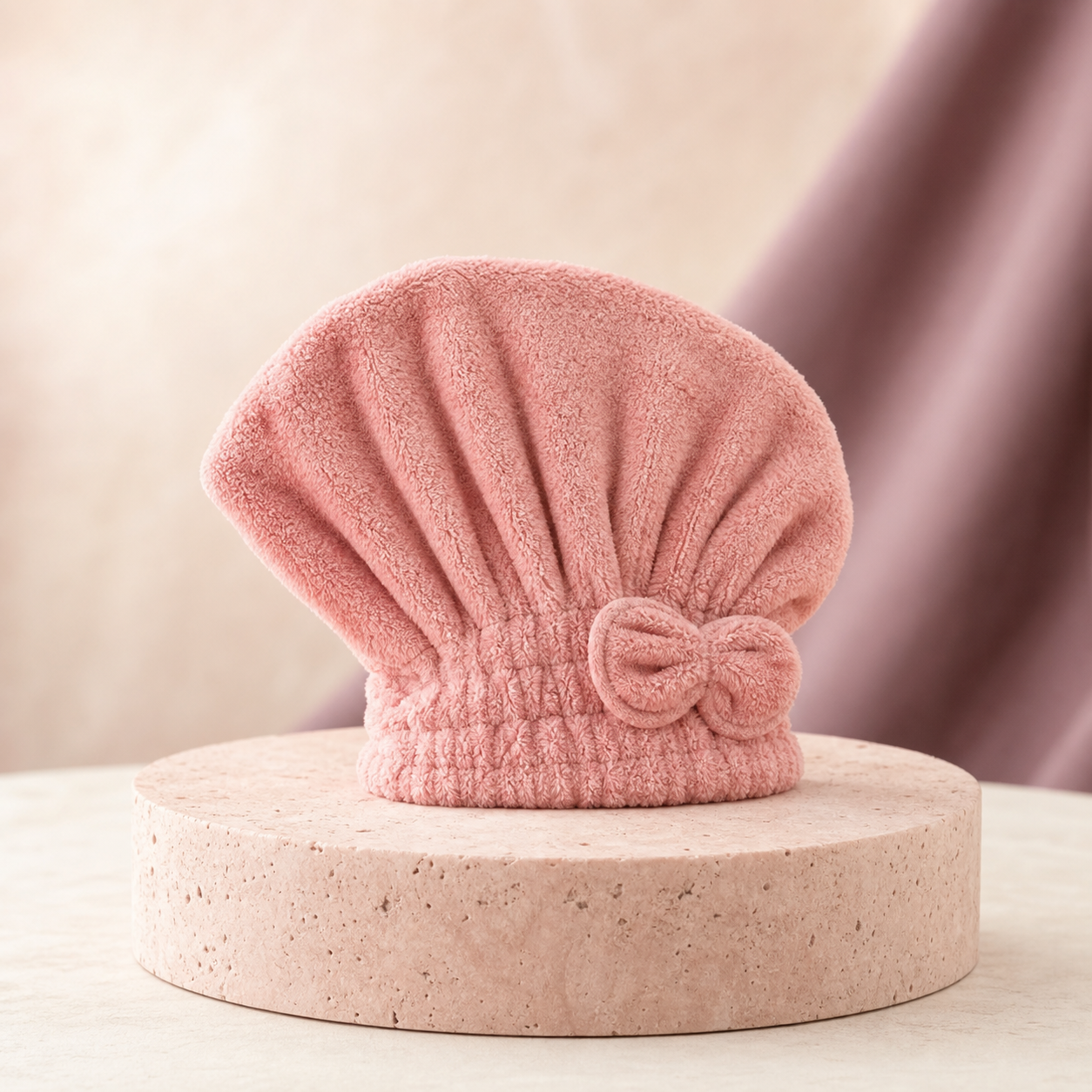 Quick-Dry Microfibre Hair Wrap photographed on a warm ivory and blush studio backdrop