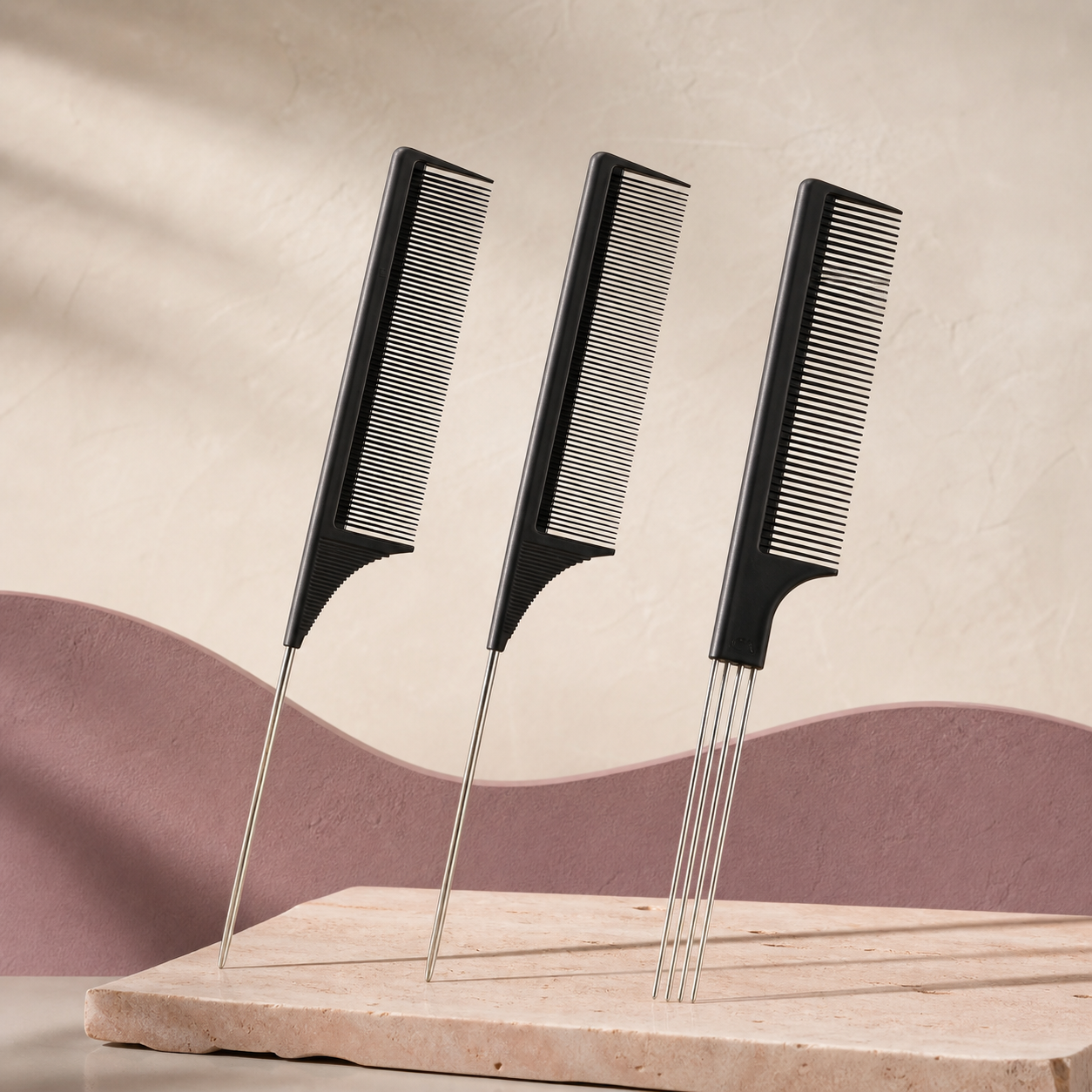 Precision Parting Comb Set — 3 Piece photographed on a warm ivory and blush studio backdrop