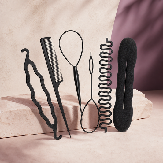 BraidEase Tool Set — 6 Piece photographed on a warm ivory and blush studio backdrop
