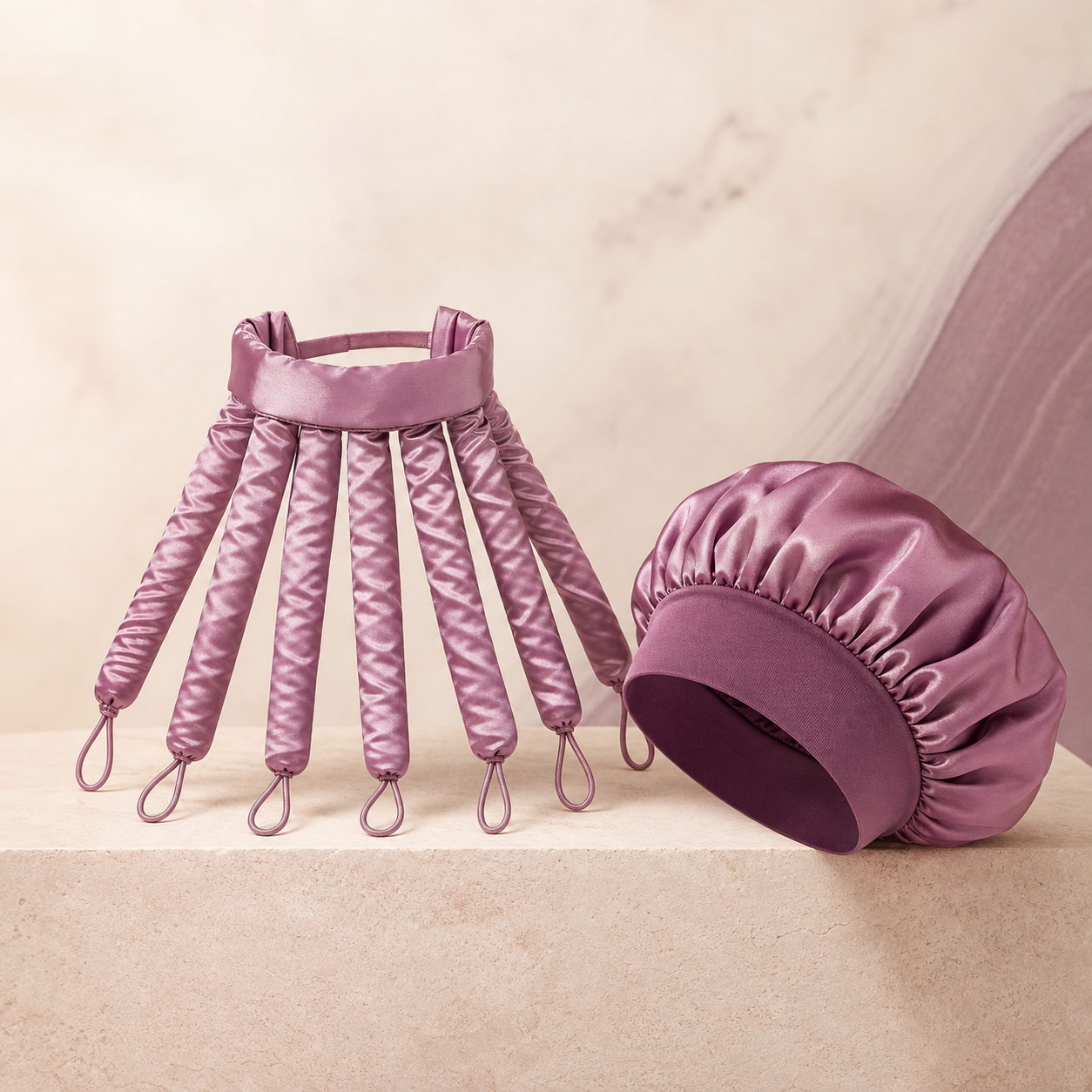 Overnight Heatless Curl Set photographed on a warm ivory and blush studio backdrop