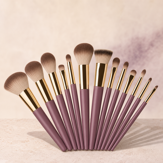 Velvet Touch Makeup Brush Set — 13 Piece photographed on a warm ivory and blush studio backdrop