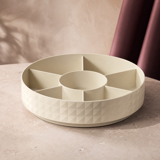 TurnTable 360° Beauty Organiser photographed on a warm ivory and blush studio backdrop