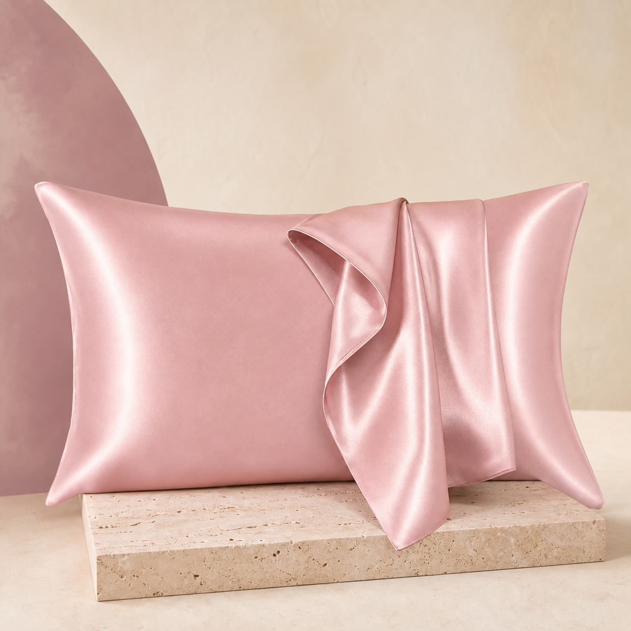 SatinCloud Pillowcase photographed on a warm ivory and blush studio backdrop
