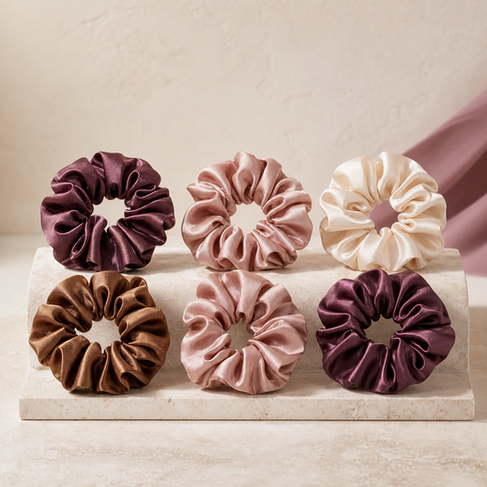 Satin Scrunchie Edit — Set of 6 photographed on a warm ivory and blush studio backdrop