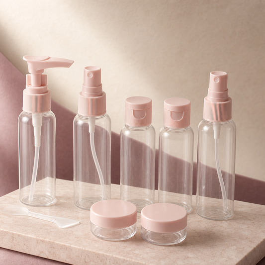 Carry-On Refillable Bottle Set photographed on a warm ivory and blush studio backdrop
