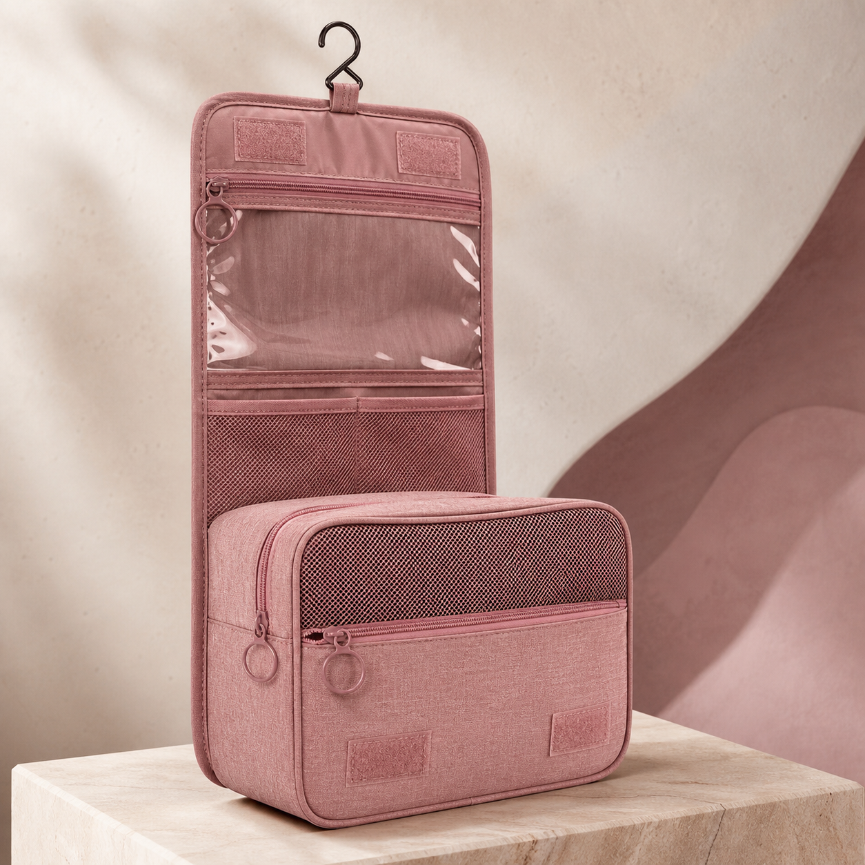 Weekender Travel Makeup Organiser photographed on a warm ivory and blush studio backdrop