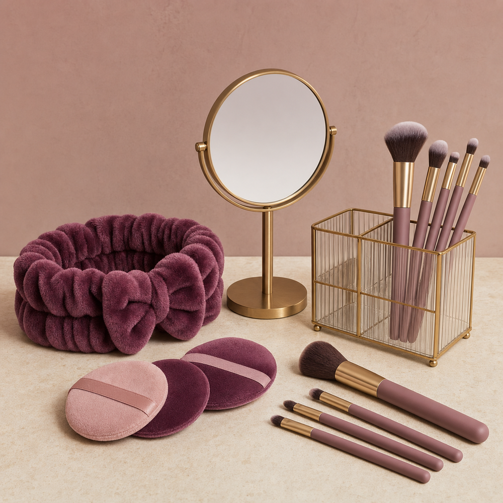 Elegant beauty accessories in plum, rose and gold tones