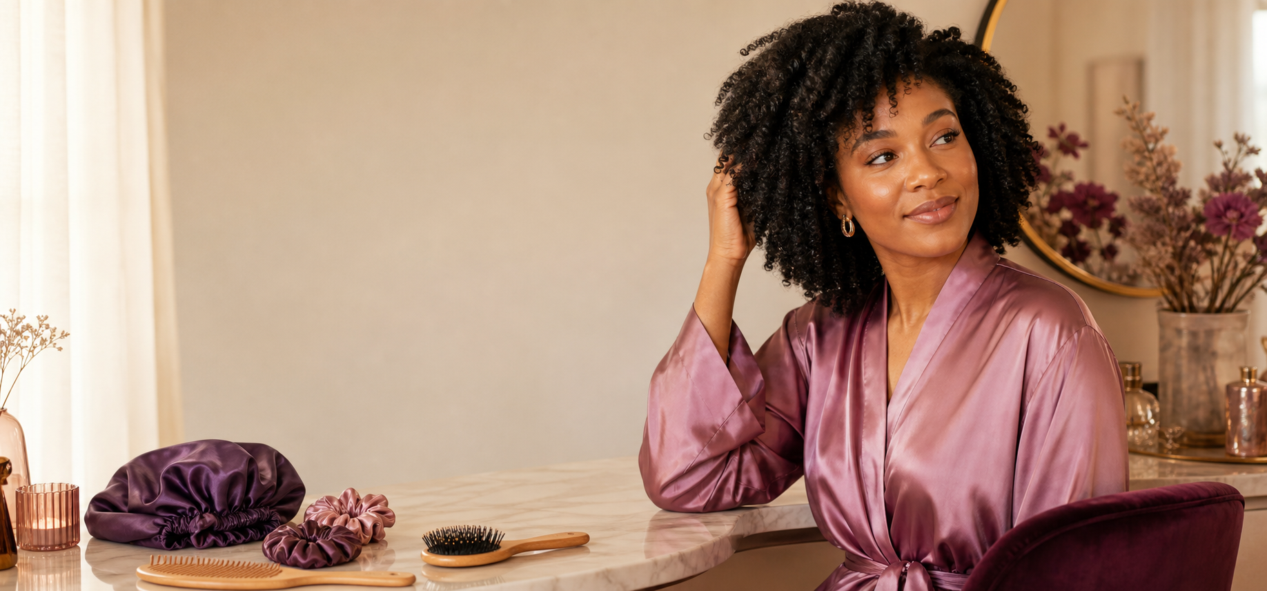 Woman with natural curls at a vanity with satin hair accessories