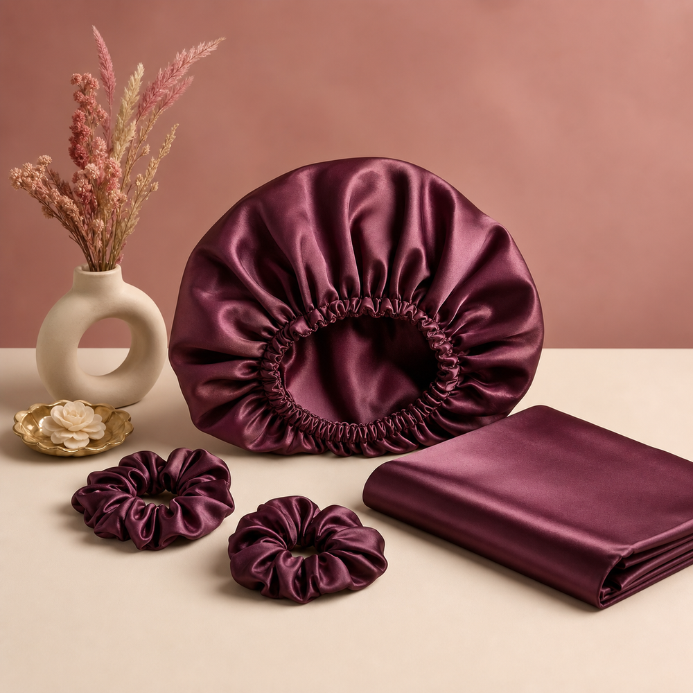 Plum and rose satin bonnet, pillowcase and scrunchies