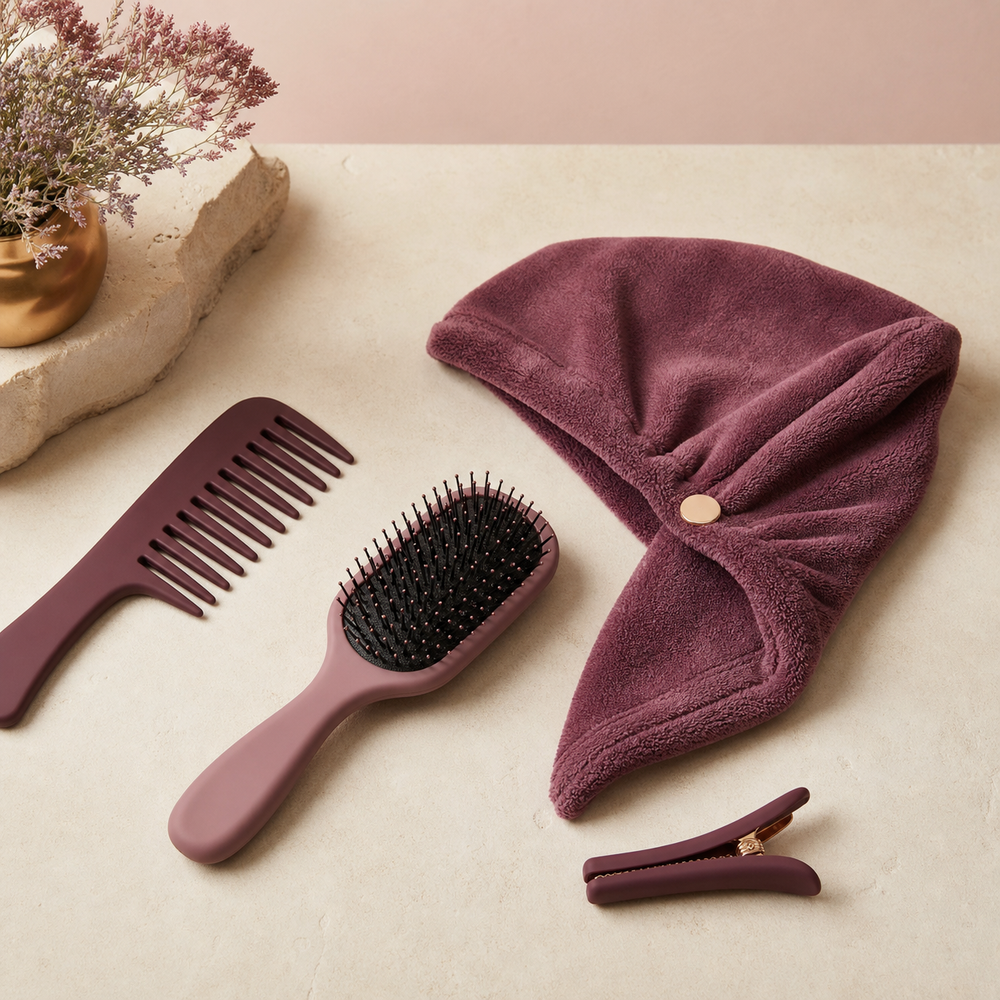 Curl styling tools arranged on a warm blush surface